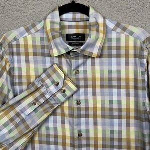Bugatchi Shirt Mens L Blue Plaid Button 8 Way Stretch Performance Preppy Office